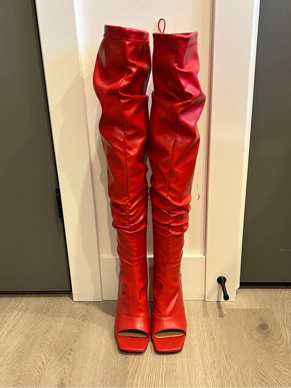 Red Open Toe Thigh High Over the Knee Stiletto Boots EU 39 / 8.5–9 - Picture 2 of 10